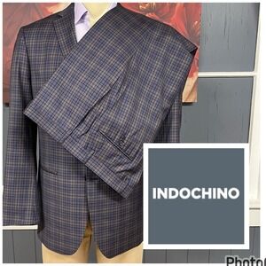Indochino Custom Suit Mens 44R Modern Fit Wool Pants 36x29 Navy/Brown Checked‎